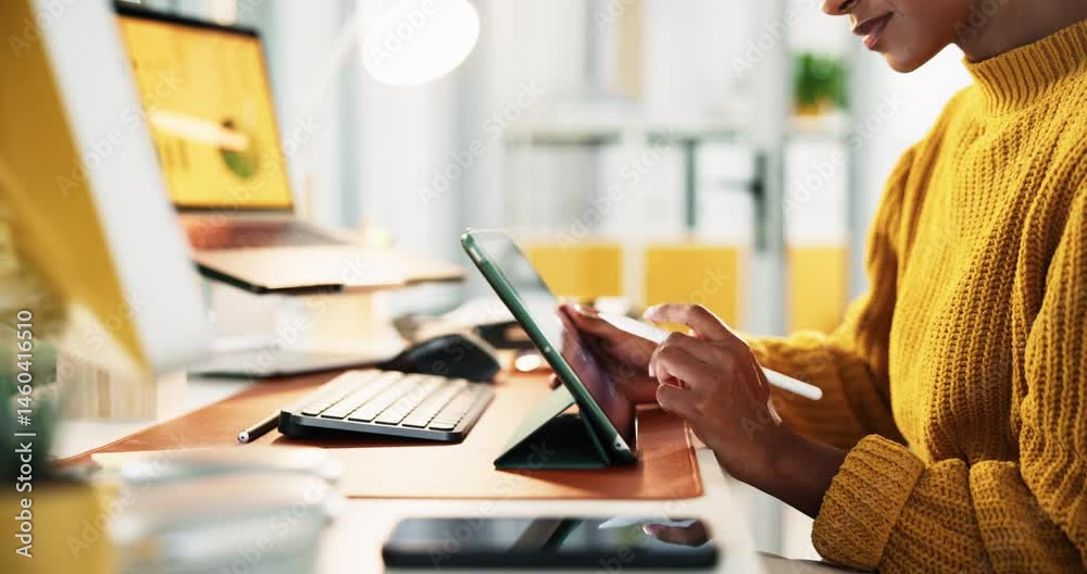 Poster woman, hands and web designer with tablet for creative development or research at office. closeup, f