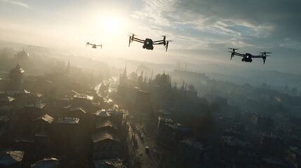 Naklejka premium Three black drones fly over the town in the morning sunlight