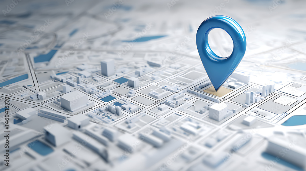 Poster stylized city map with blue pin highlighting a specific location for urban navigation and planning