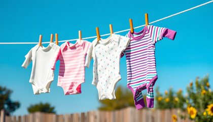 vertical image of clean baby onesies hanging to dry, vibrant. with white shades