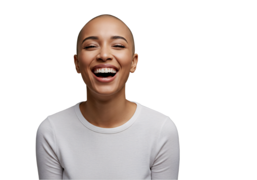 Joyful Bald Woman Laughing Heartily Isolated on White