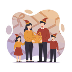 Family celebrating Christmas together exchanging gifts with festive hats and warm clothing in cozy atmosphere 