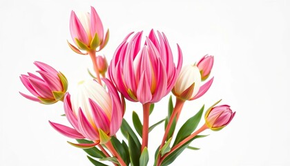Fototapeta premium Pink King Protea blooms, buds, and stems in a vibrant bouquet against a stark white background, background, stem