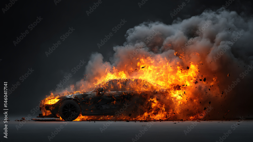 Poster Realistic 3d render of a car exploding in flames and smoke isolated