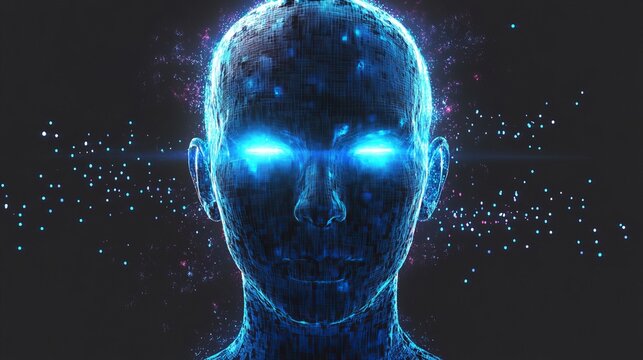 Abstract digital human face glowing bright blue energy lines futuristic technology artificial 3d mesh