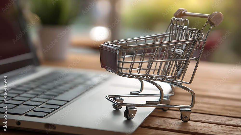 Poster model shopping cart and laptop keyboard on wood table in office background