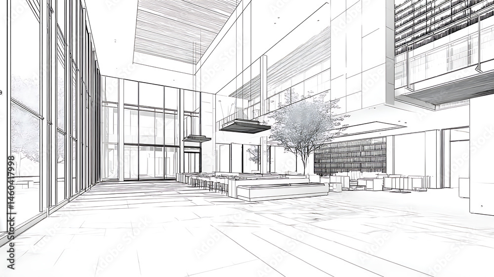 Poster Minimalist line drawing of architectural library building with open spaces and tall windows