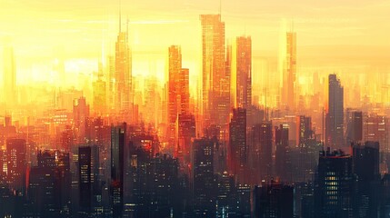 Fototapeta premium Panoramic city skyline with reflective glass buildings, capturing the interplay of sunlight and urban sophistication. 