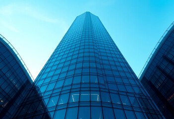 Obraz premium Modern glass skyscraper rising towards a blue sky, showcasing futuristic architecture, tower, architecture
