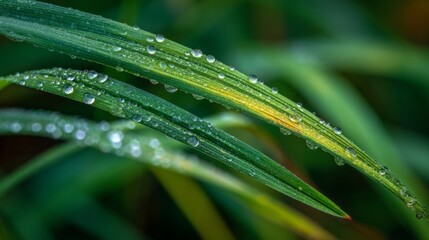 Dewy grass blades with water droplets, a fresh morning's delicate beauty
