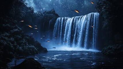 Enchanted cascade, a starlit waterfall with surreal luminous fish