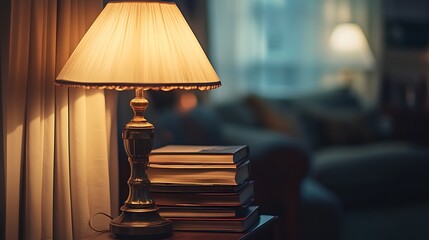 Softly lit table lamp beside a stack of books.