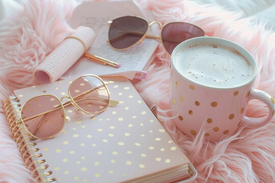 Cozy morning setup with polka dot mug, pink notebook, sunglasses, and fluffy fabric. - Powered by Adobe