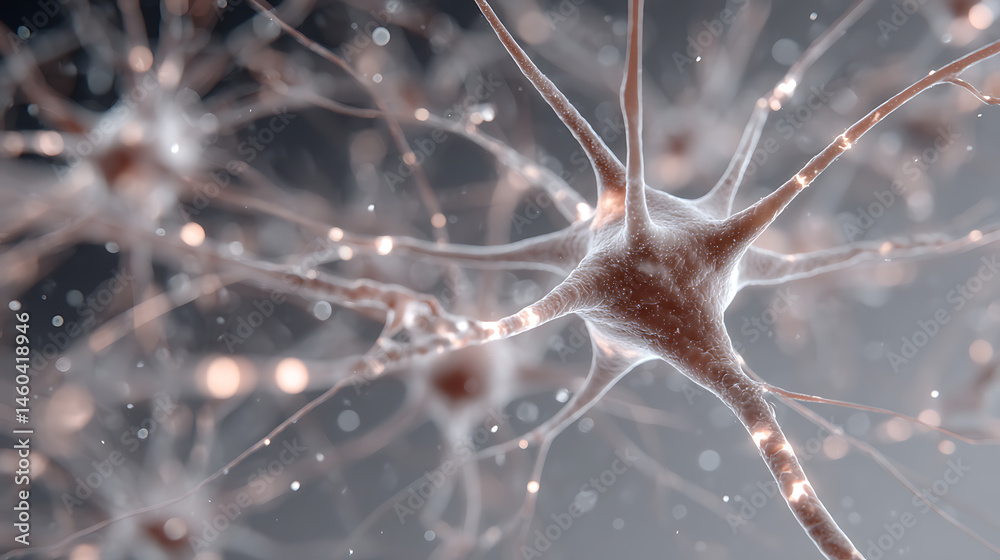 Poster Exploring the intricate world of neurons, stunning 3d microbiology render of nerve cells background with ample copy space