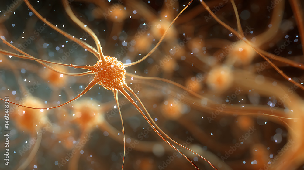 Poster exploring the intricate world of neurons, stunning 3d microbiology render of nerve cells background 
