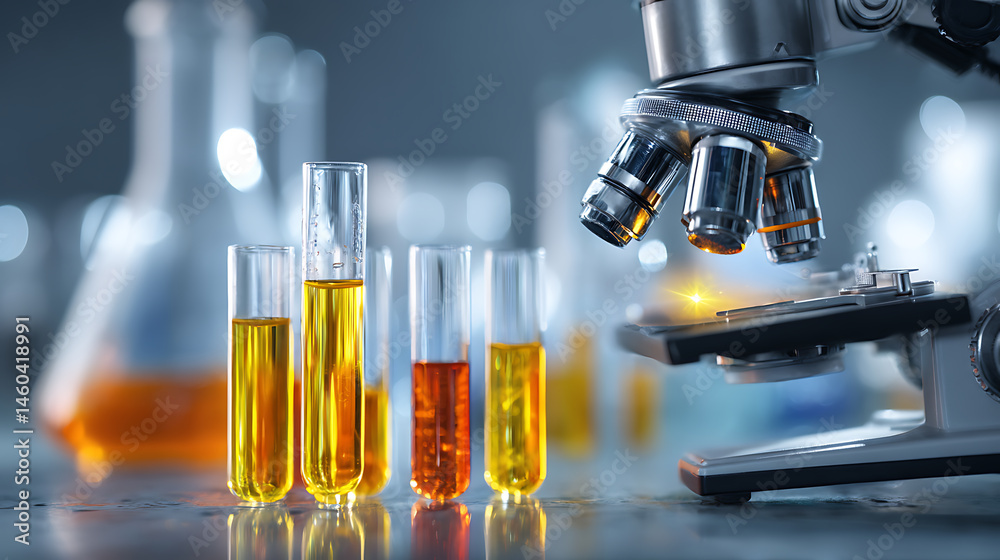 Aufkleber exploring the depths of science, microscope and test tubes in a laboratory research and development 