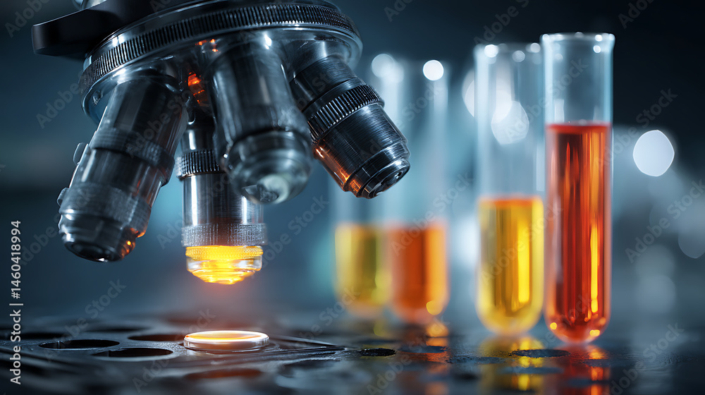 Poster exploring the depths of science, microscope and test tubes in a laboratory research and development 