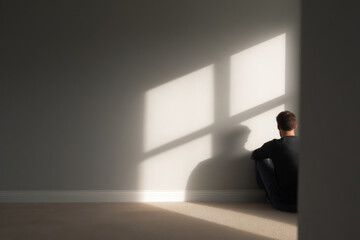 serene and contemplative scene depicting person sitting alone in quiet room surrounded by soft light filtering