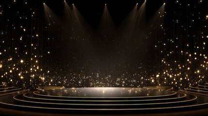 Elegant black and gold stage with sparkling lights, ideal for awards ceremonies, galas, and special events, luxury, celebration concept, awards ceremony, gala event