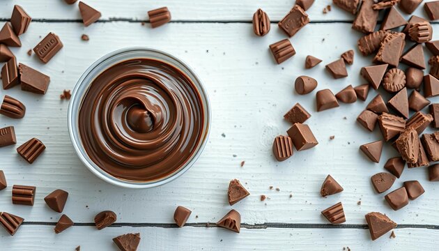 Rich milk chocolate paste in bowl, chunks scattered on white wood Copy space, cocoa, chocolate chips - Powered by Adobe