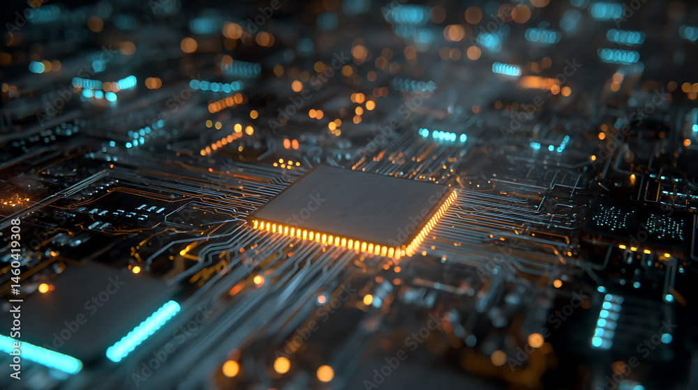 Poster Digital mainboard chipset microprosessor digital technology futuristic ai intelligent network engineering core data curcuit abstract hardware integrate microship technology background
