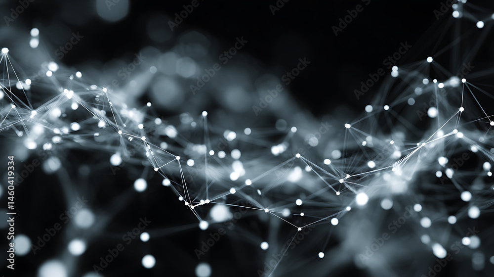 Aufkleber Data stream, big data 3d illustration, neural network and cloud technologies, global database and artificial intelligence, bright, black and white background with bokeh effect