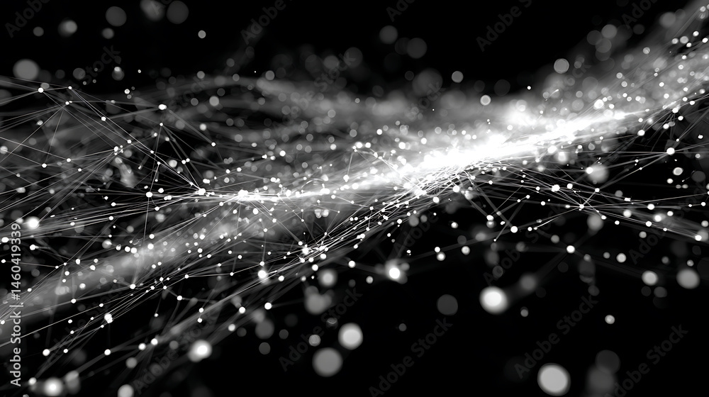 Poster Data stream, big data 3d illustration, neural network and cloud technologies, global database and artificial intelligence, bright, black and white background with bokeh effect