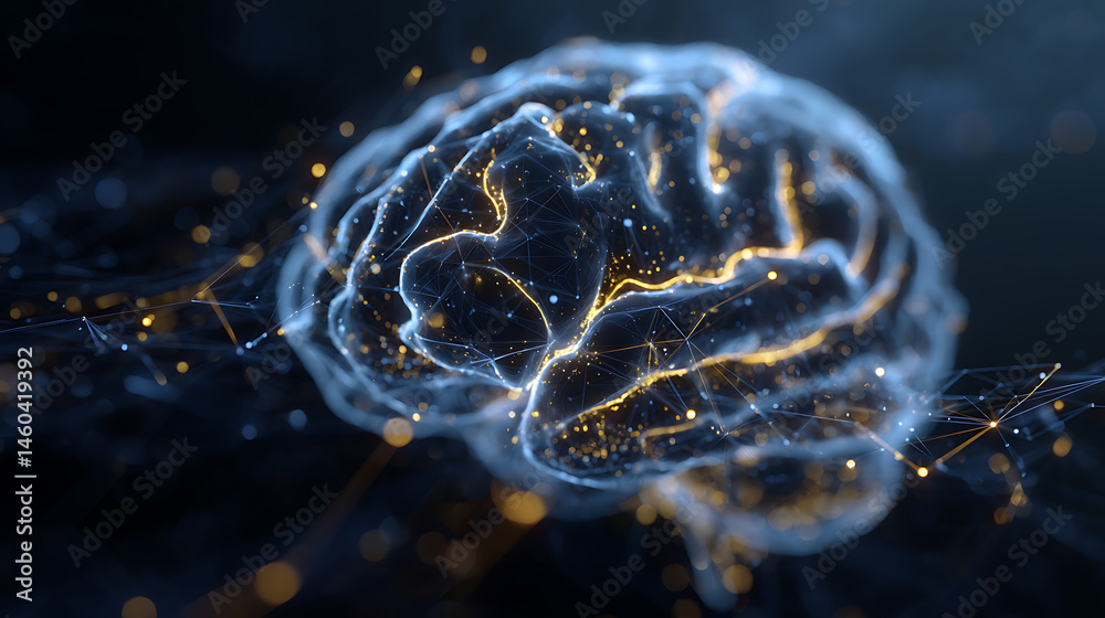 Poster cybernetic brain, ai conceptual futuristic banner, cybernetics mind analysis data, neuron network pr
