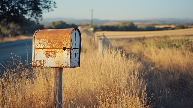 Rusted mailbox stands in a golden rural landscape. - Powered by Adobe