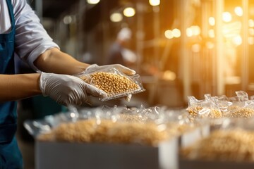Worker handling prepackaged food in industrial setting food processing facility close-up view emphasizing hygiene and safety practices
