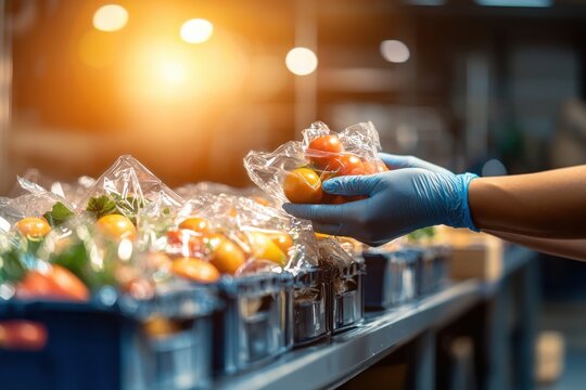 Worker in gloves handling prepackaged food items in industrial setting focused on safety and hygiene practices