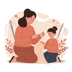 Obraz premium Mother and daughter knitting together in warm brown and beige tones lifestyle vector illustration for family bonding activity 