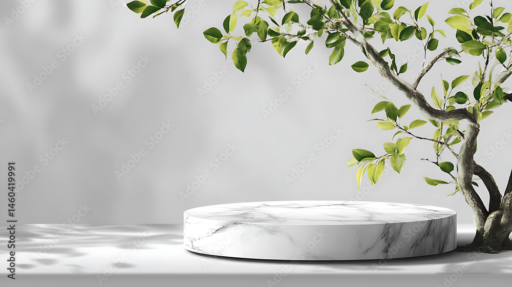 Poster White marble podium stand mock up template display showcase for product presentation with freshness nature branch tree leave with shadow