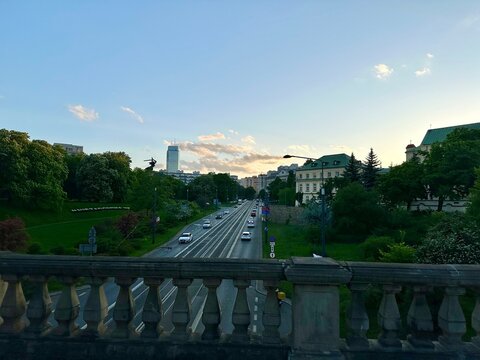 Warsaw street view at sunset from Karowa bridge, Poland