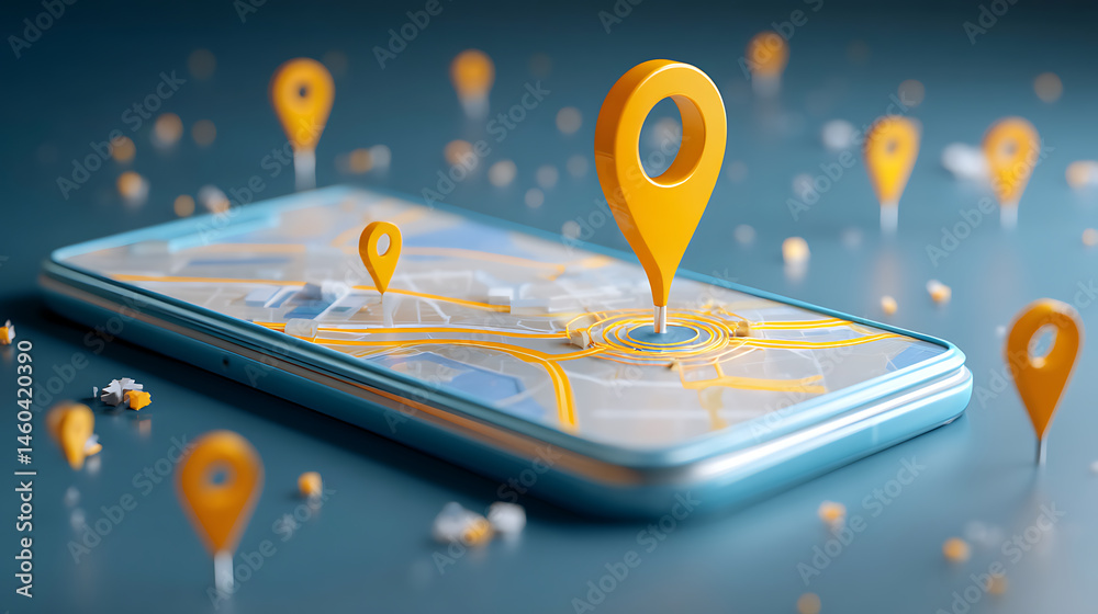 Poster smartphone with map, 3d map pins, gps, navigator pin checking points, 3d world map icon, technology 