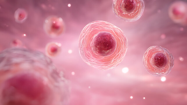 Stem cells floating on skin cell with aura pink background, skin treatment, anti, angie concept, 3d rendering