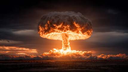 Scary big nuclear explosion with a mushroom cloud and fire in the dark, atomic weapons and the apocalypse, world war 3