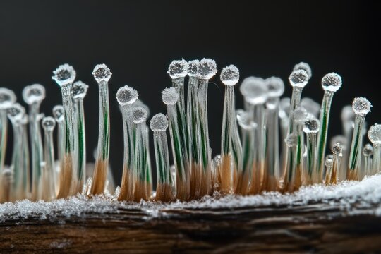Microscopic frost crystals resembling tiny, delicate mushrooms on a branch, a stunning winter scene.