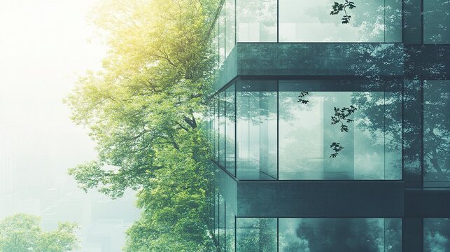 Sleek modern architecture overlaid with lush tree canopies in a double exposure, creating a balanced aesthetic of nature and urbanity. 