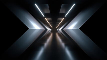 Naklejka premium A symmetrical dark background with three horizontal lights on the left and right, in an empty room. Symmetrical, minimalist style
