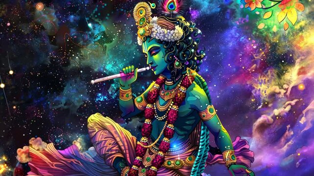Krishna Janmashtami holiday concept, watercolor art style, Krishna is a major deity in Hinduism. Holiday animation greeting card, banner, poster.