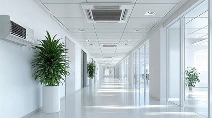 Sleek office hallway with clean white walls, air conditioning units blending into the ceiling, emphasizing functionality and modern design. 