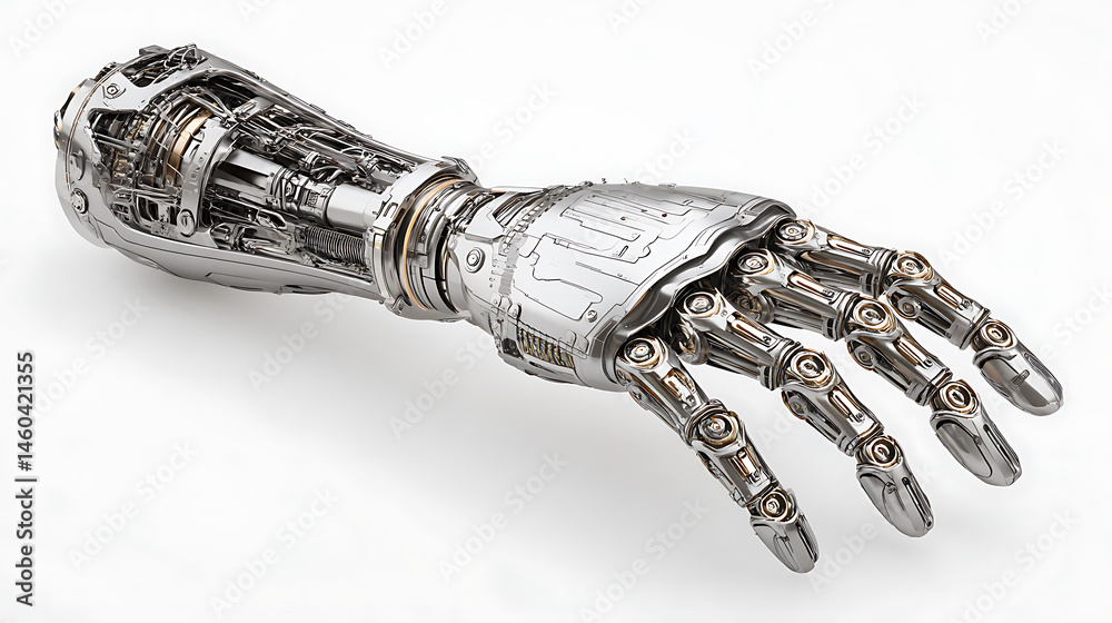 Poster metallic robot hand with fingers on a white background, prosthesis and artificial intelligence, 3d i