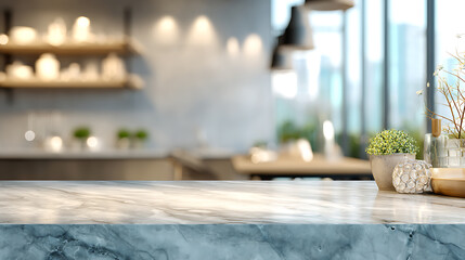 Modern empty marble table top on blurry kitchen room interior background, for montage product display, digital art