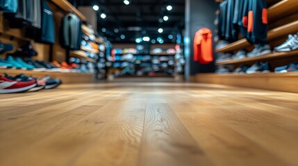 Modern sportswear store interior wooden floor shoes apparel shop neat mall style racks sales brand