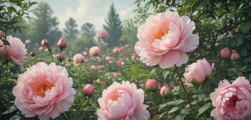 Vintage-style watercolor painting of a lush rose garden with peonies , illustration, fine art, nature