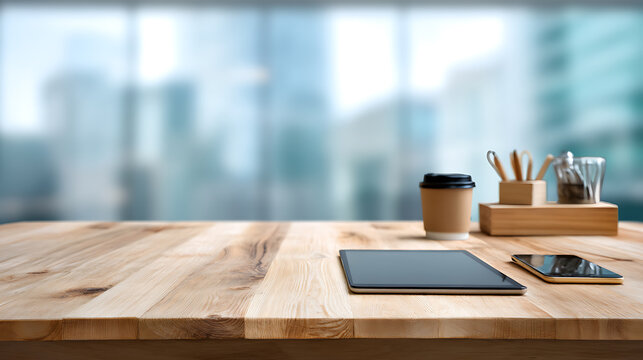 Light wooden table top with blurred office scene on background, products presentation concept