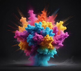 Multicolored powder cloud explodes, dark backdrop,  texture,  impact
