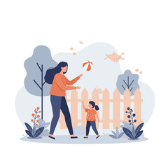 Mother and toddler playing with ball in garden with fence and plants vector illustration 