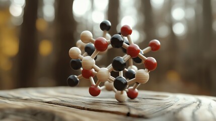 Detailed molecular structure model on wooden surface in nature setting 3d red atoms bonds black white